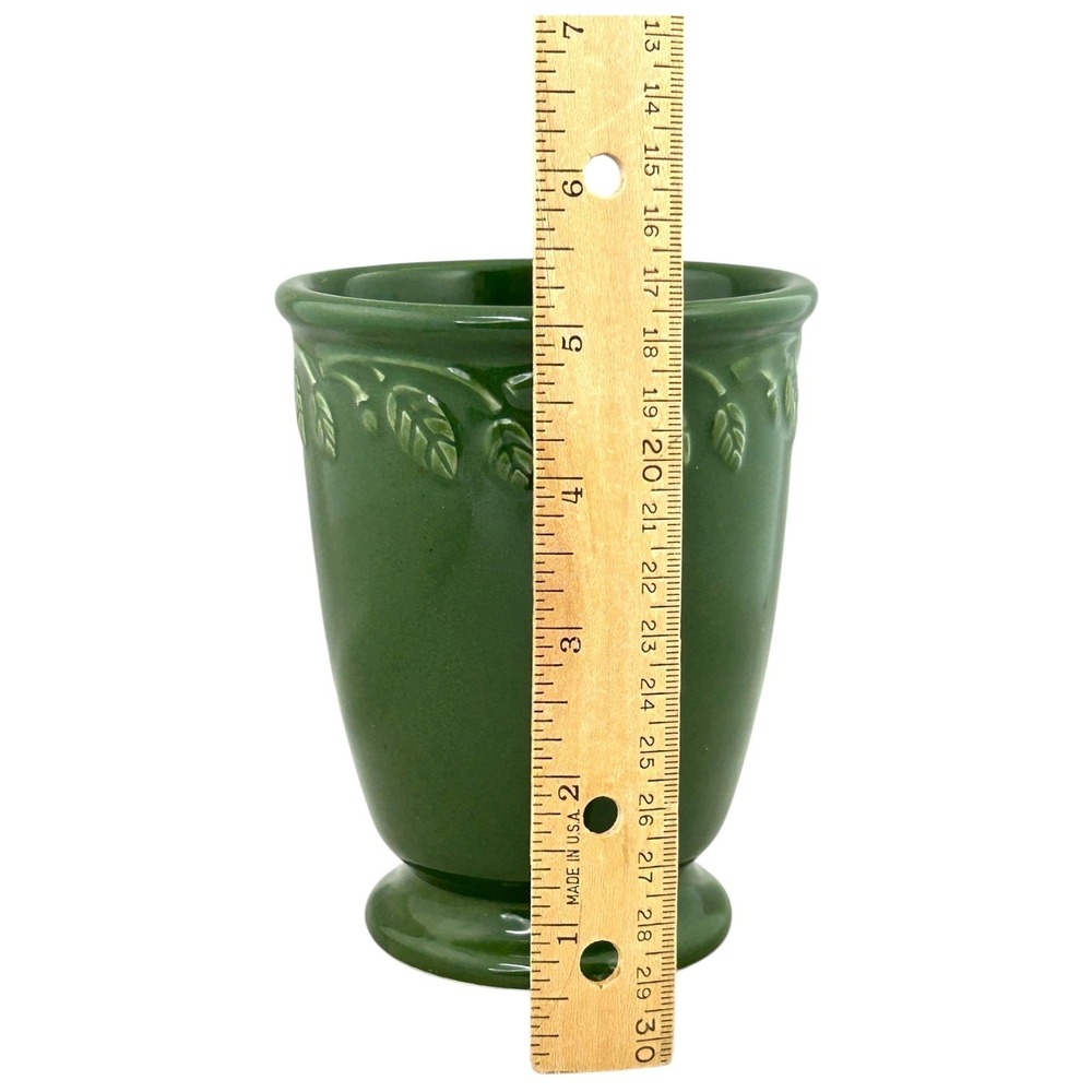 Longaberger AT HOME GARDEN VASE Green Ceramic Leaf Embossed Footed 5" - Picture 7 of 7